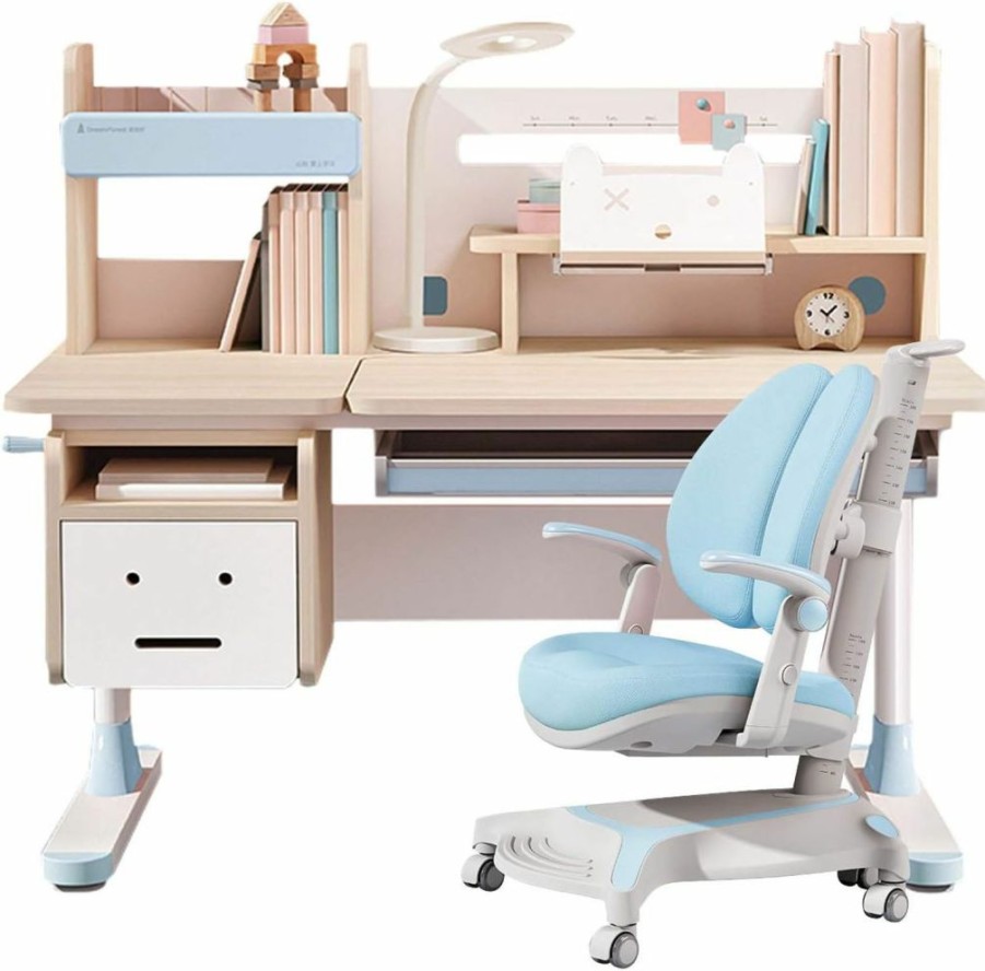 FCD | Fcd Wood Adjustable Height Kids Study Desk With Chair Drafting Table Computer Station Built-In Bookshelf Hutch Multi Function (Pink, Wood Of Fir)