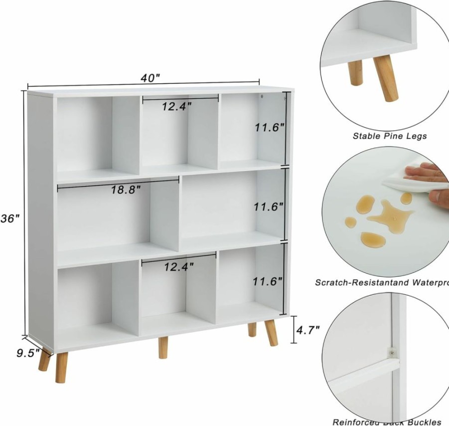 Onirw | 3-Tier Bookshelf, 8-Section Wooden Bookcase, Storage Organizer With Pine Legs, Modern Storage Display Cabinet For Living Room, Classroom, Kid'S Room (White)