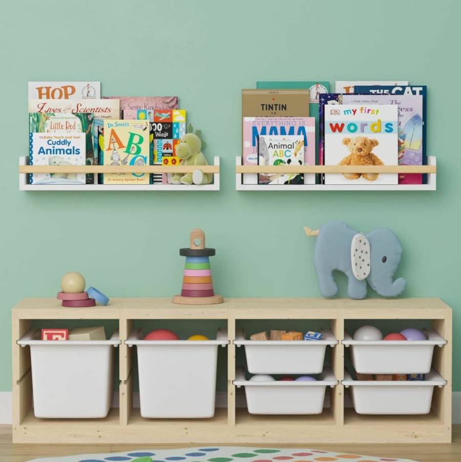 Wallniture | Wallniture Florida 24 Inch Wall Bookshelf For Kids Room, Floating Shelves For Nursery Decor, Wood White Wall Shelf Set Of 2 For Kitchen, Bathroom Decor