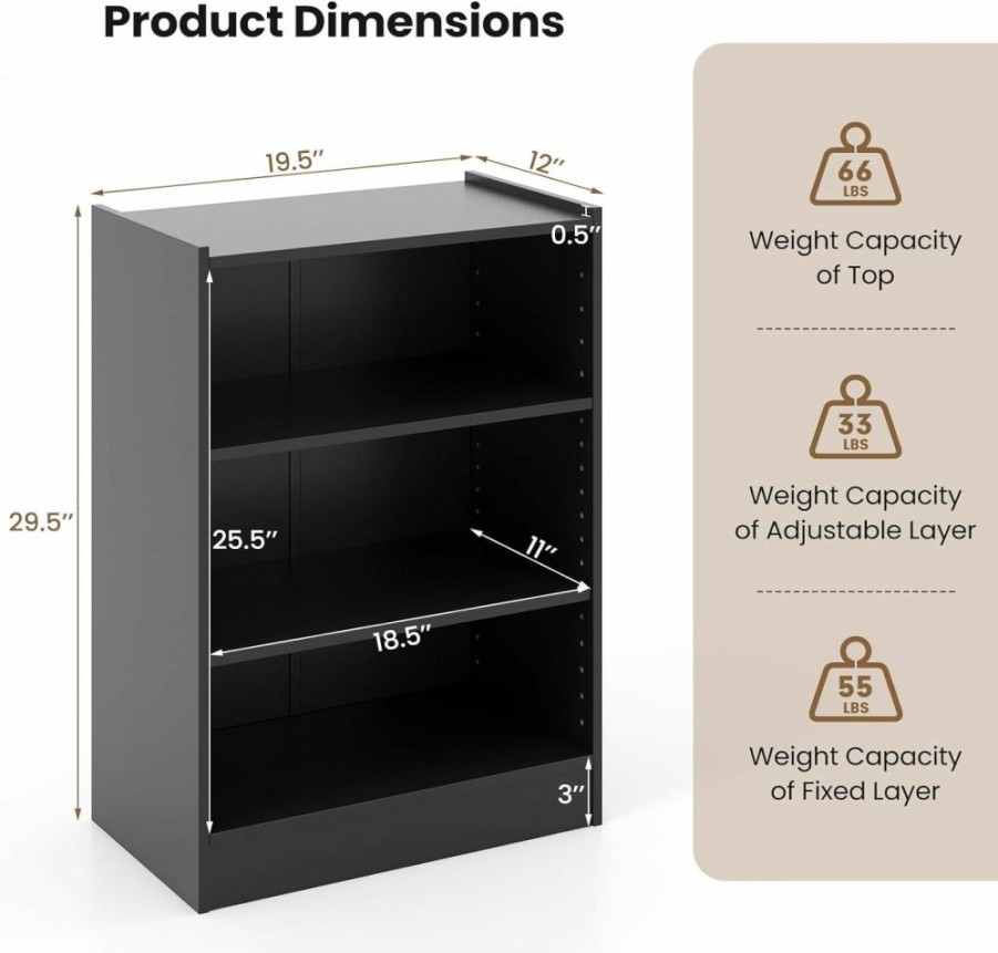 Giantex | Giantex 3-Cube Bookcase Black - 3-Tier Modern White Open Bookshelf With Adjustable Shelves, Anti-Tipping Device, Small Wood Cube Storage Organizer For Kid'S Room, Living Room, Bedroom