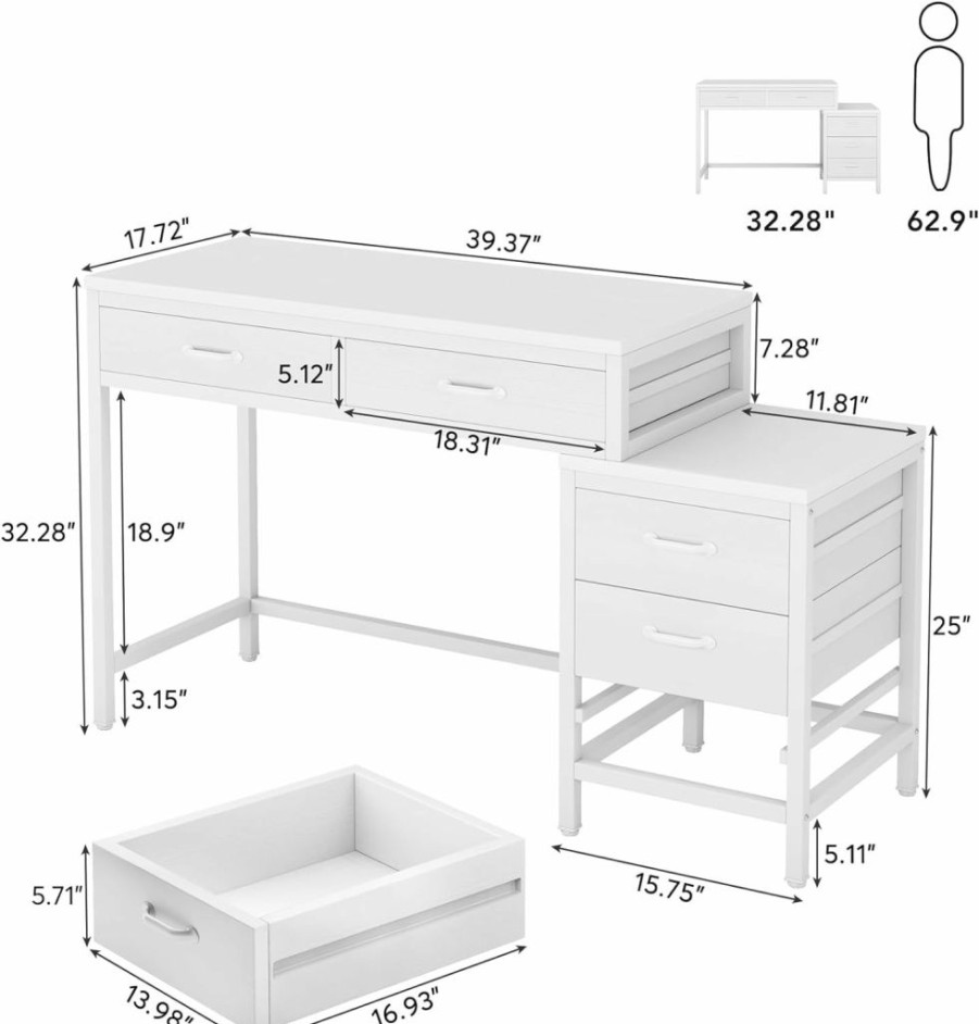 Tribesigns | Tribesigns Computer Desk With 5 Drawers, Home Office Desks With Reversible Drawer Cabinet Printer Stand, Industrial Pc Desk With Storage, Rustic Study Writing Table Workstation For Small Spaces