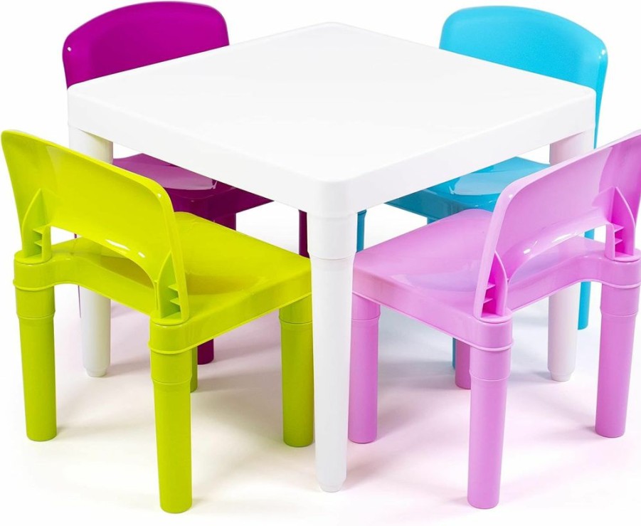 Humble Crew | Humble Crew, Blue Table & Red/Green/Yellow/Purple Kids Lightweight Plastic Table And 4 Chairs Set, Square