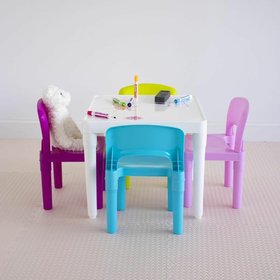 Humble Crew | Humble Crew, Blue Table & Red/Green/Yellow/Purple Kids Lightweight Plastic Table And 4 Chairs Set, Square