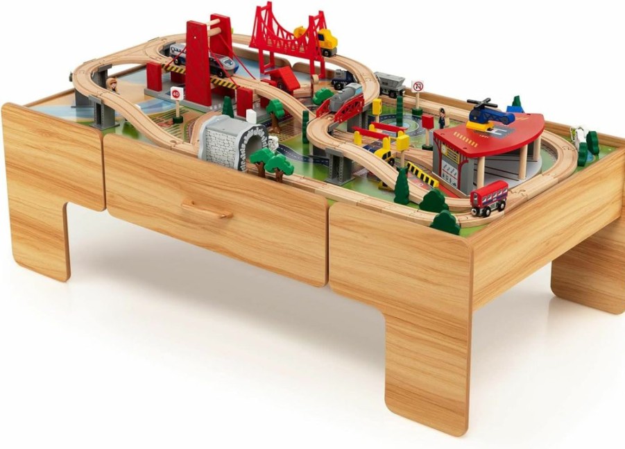 Costzon | Costzon Train Table, 2 In 1 Kids Activity Table W/Storage Drawer, 100 Multicolor Pieces, Railway, Track, Cars, City, Diy Design, Reversible Tabletop, Gift For Boys Girls, Wooden Train Set (Natural)