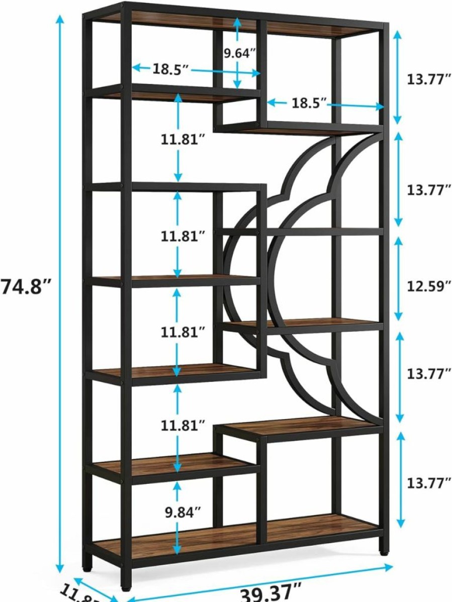 Tribesigns | Tribesigns Bookshelf, 11-Shelves Tall Bookcase With Unique Arc-Shaped Design, Industrial Etagere Display Storage Shelves For Living Room, Home Office, Rustic Brown