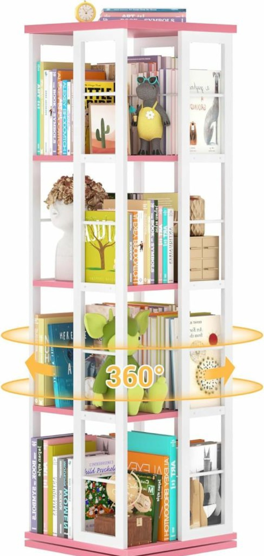 Aheaplus | Aheaplus Rotating Bookshelf, Corner Bookshelf, 360 Display Wood Spinning Bookshelf, Floor Standing Bookcase Narrow Shelf Revolving Organizer Storage Rack For Small Space, Bedroom, Study Room, Pink