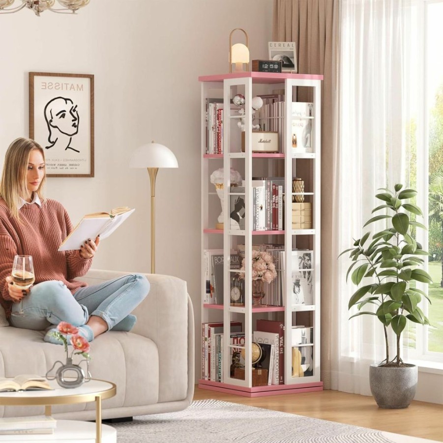 Aheaplus | Aheaplus Rotating Bookshelf, Corner Bookshelf, 360 Display Wood Spinning Bookshelf, Floor Standing Bookcase Narrow Shelf Revolving Organizer Storage Rack For Small Space, Bedroom, Study Room, Pink