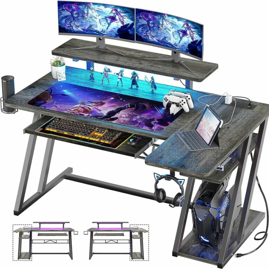 armocity | L Shaped Gaming Desk With Monitor Stand And Shelves, 47'' Gaming Computer Desk With Led Lights And Outlets, Reversible Pc Gaming Desk With Keyboard Tray, L Desk For Gaming With Z-Shaped Legs, Grey Oak