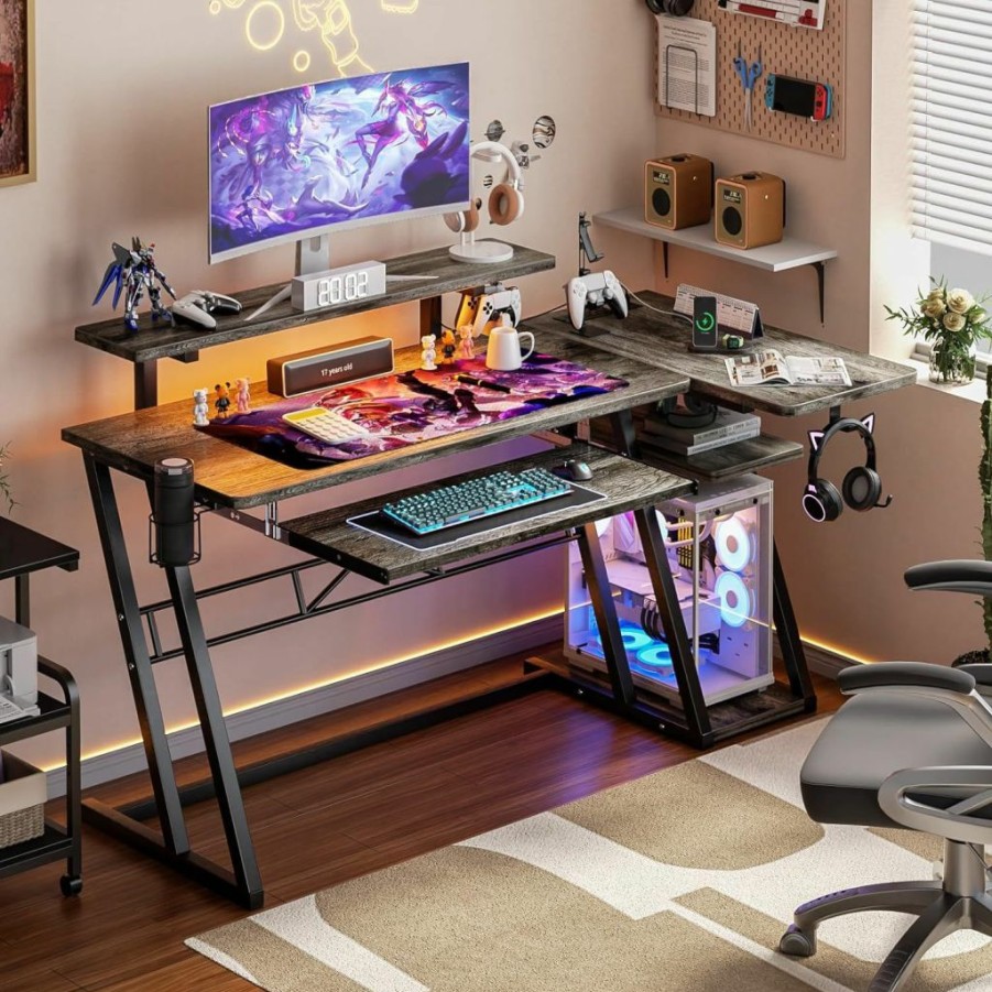 armocity | L Shaped Gaming Desk With Monitor Stand And Shelves, 47'' Gaming Computer Desk With Led Lights And Outlets, Reversible Pc Gaming Desk With Keyboard Tray, L Desk For Gaming With Z-Shaped Legs, Grey Oak