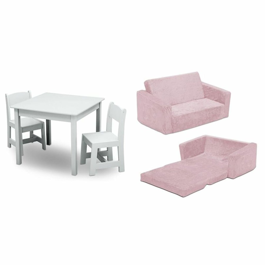 Delta Children | Delta Children Mysize Kids Wood Table And Chair Set (2 Chairs Included), 3 Piece Set & Serta Perfect Sleeper Extra Wide Convertible Sofa To Lounger, Pink