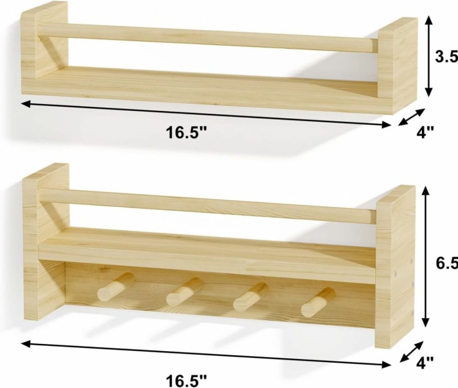 Fixwal | Fixwal Nursery Book Shelves, Set Of 4, 16.5 Inch Floating Bookshelves With Wooden Hooks For Nursery Decor, Solid Wood Wall Mounted Shelves For Books, Toys And Decor Storage (Natural Wood)