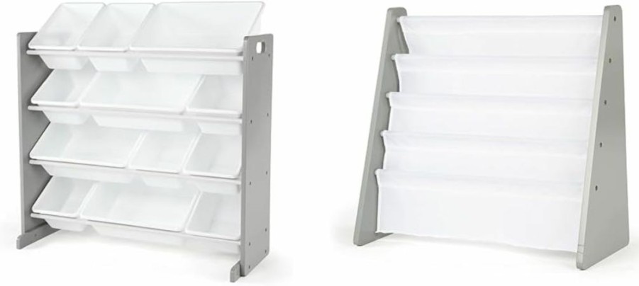 Humble Crew | Humble Crew Kids Toy Organizer, Toddler, Grey/White & Crew Kids Book Rack Storage Bookshelf, Grey/White