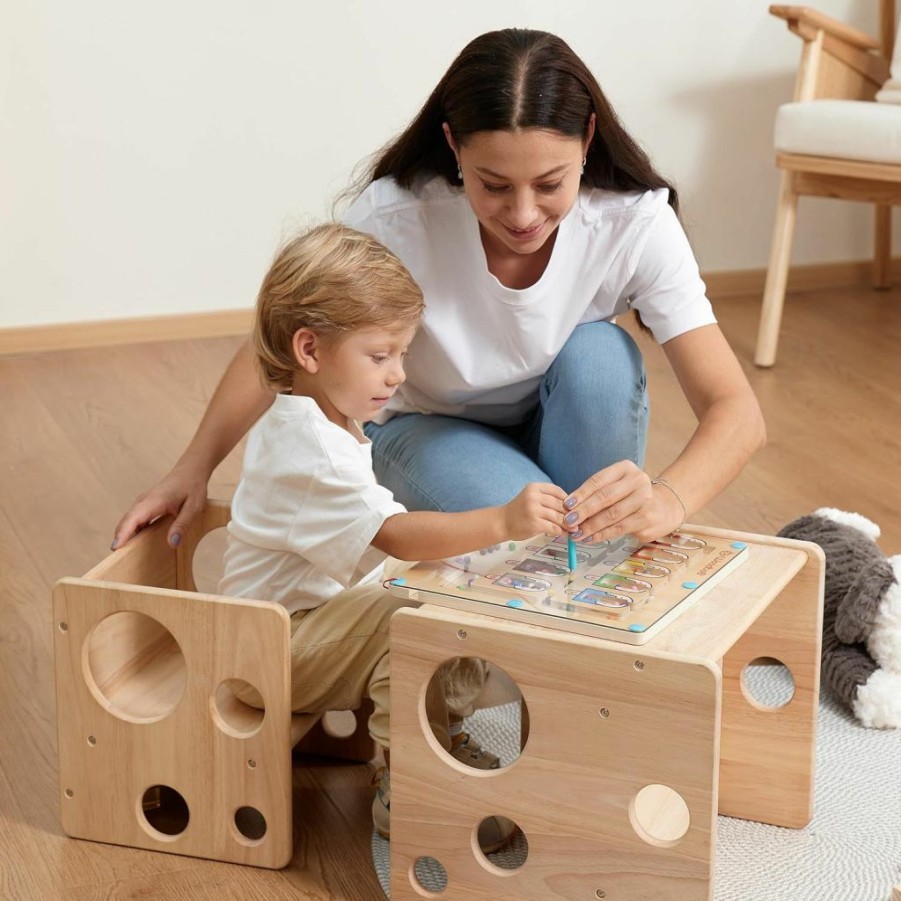 Woodtoe | Woodtoe Montessori Weaning Table And Chair Set For Toddler, Natural Solid Wooden Kids Table Cube Chair For Boy Girl, With Magnetic Color And Number Maze, Learning & Education Toys For Kids