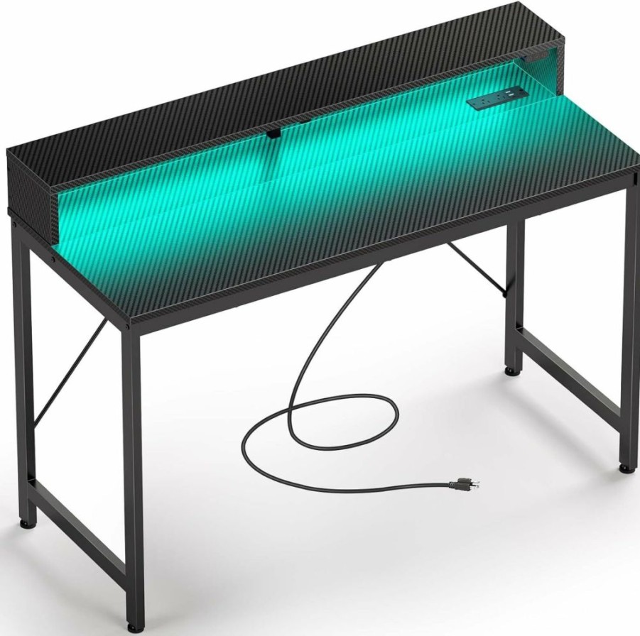 Rolanstar | Rolanstar Computer Desk 47" With Led Lights & Power Outlets, Home Office Desk With Monitor Shelf, Gaming Desk, Writing Desk, Study Desk For Student & Kids, Carbon Fiber Surface Black