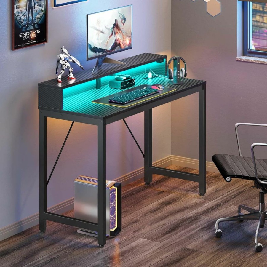 Rolanstar | Rolanstar Computer Desk 47" With Led Lights & Power Outlets, Home Office Desk With Monitor Shelf, Gaming Desk, Writing Desk, Study Desk For Student & Kids, Carbon Fiber Surface Black