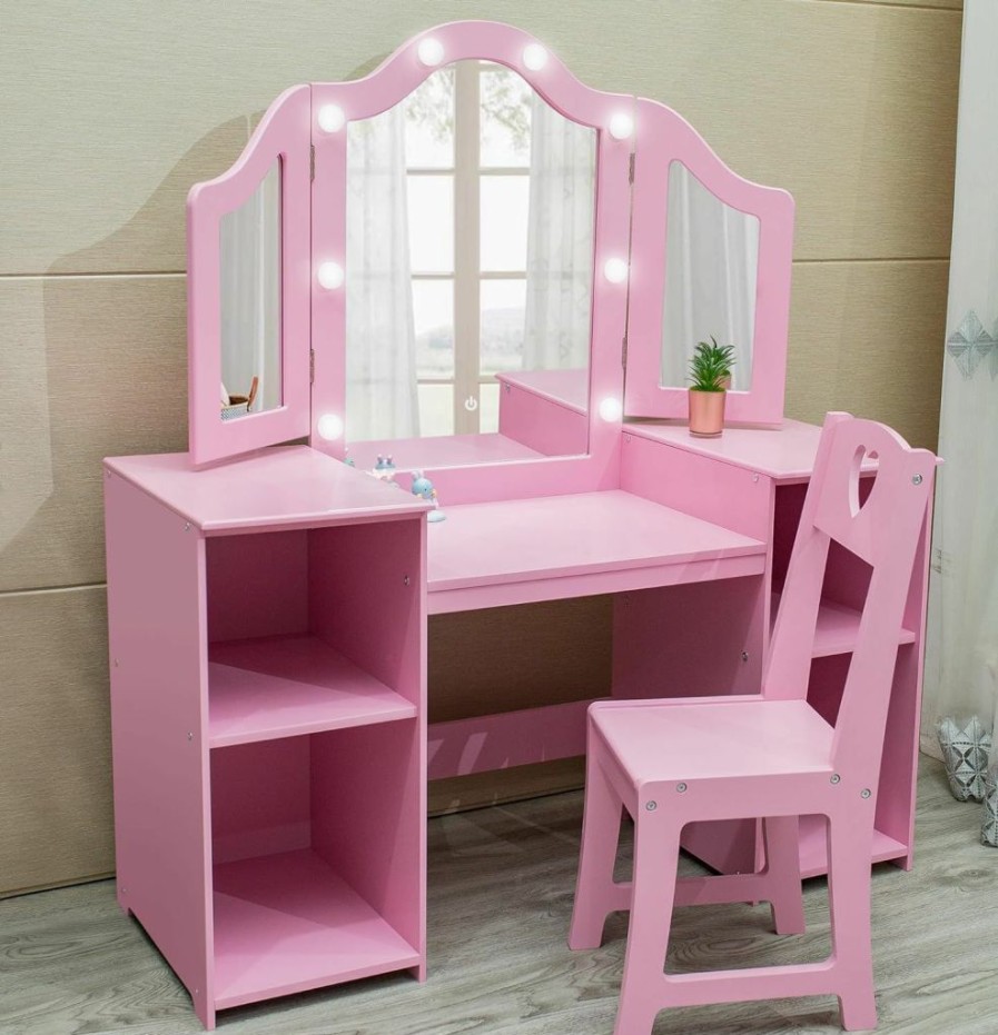 GAOMON | Gaomon Kids Vanity Table, Girls Vanity Withtouch Light Detachable Tri-Folding Mirror, Open Storage Shelves, Wood Makeup Playset With Chair, Princess Vanity Table For Toddlers