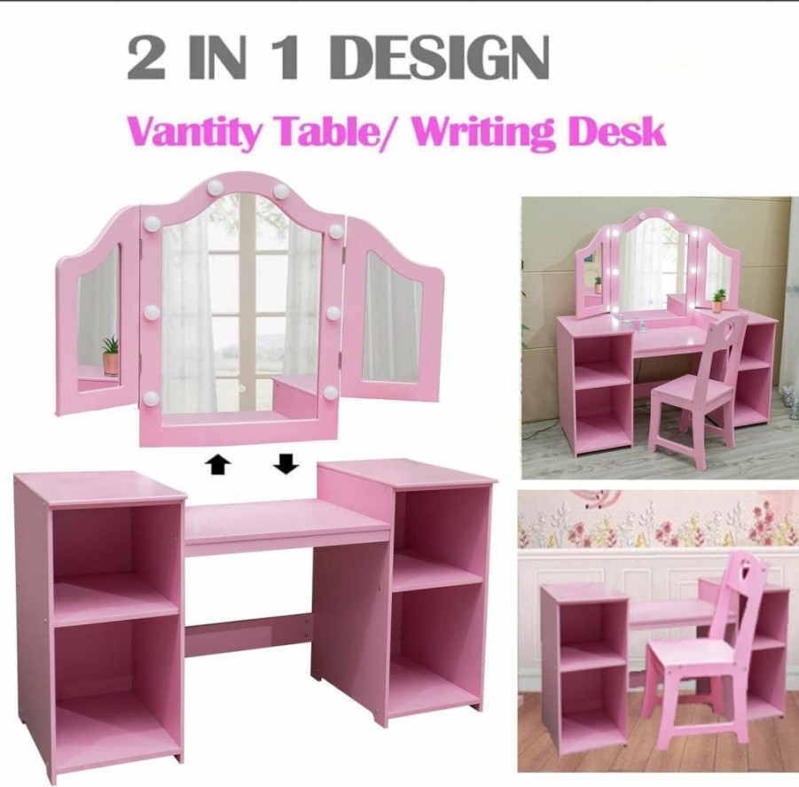 GAOMON | Gaomon Kids Vanity Table, Girls Vanity Withtouch Light Detachable Tri-Folding Mirror, Open Storage Shelves, Wood Makeup Playset With Chair, Princess Vanity Table For Toddlers