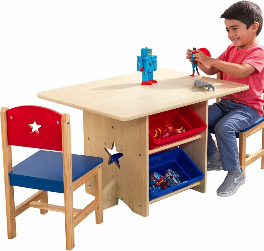 KidKraft | Kidkraft Wooden Star Table & Chair Set With 4 Storage Bins, Children'S Furniture Red, Blue & Natural