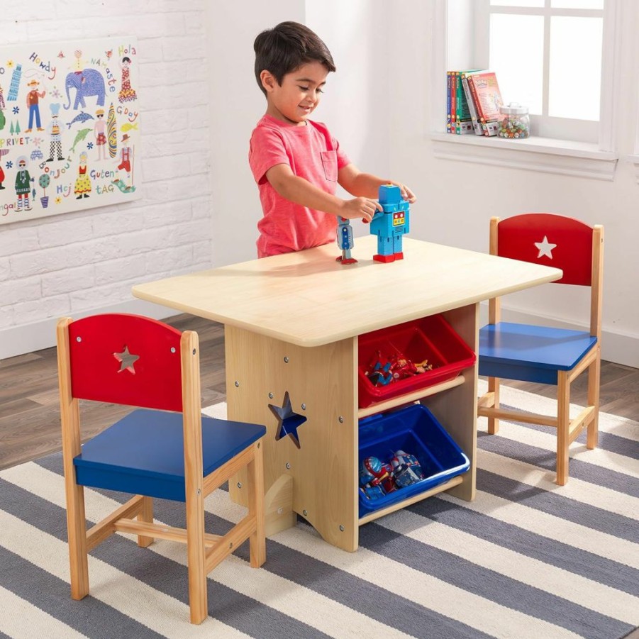 KidKraft | Kidkraft Wooden Star Table & Chair Set With 4 Storage Bins, Children'S Furniture Red, Blue & Natural