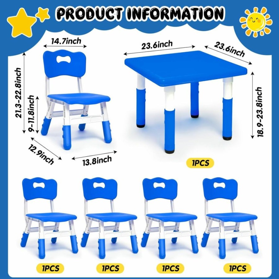 BBTO | Bbto Kids Study Table And 4 Chair Set Height Adjustable Children Table And Chairs Set Kids Dining Table With Chairs For Toddler Ages 3-10, For Daycare, Classroom, Easy To Wipe (Yellow, Cute Color)