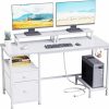 Furologee | Furologee White Computer Desk With Drawer And Power Outlets, 47\" Office Desk With 2 Monitor Stands And Fabric File Cabinet, Writing Gaming Table With Shelves And 2 Hooks For Home Office