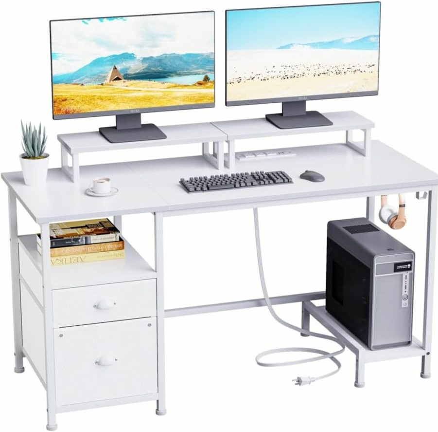 Furologee | Furologee White Computer Desk With Drawer And Power Outlets, 47\" Office Desk With 2 Monitor Stands And Fabric File Cabinet, Writing Gaming Table With Shelves And 2 Hooks For Home Office