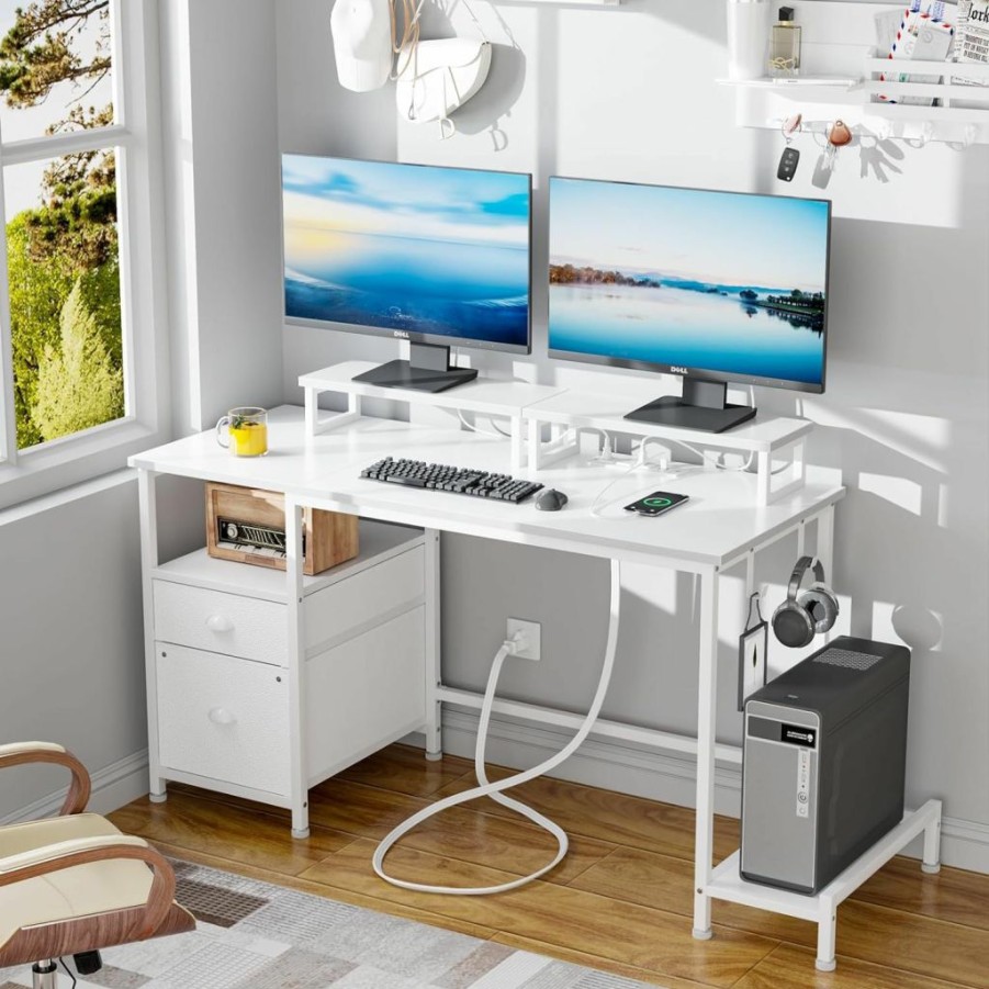 Furologee | Furologee White Computer Desk With Drawer And Power Outlets, 47\" Office Desk With 2 Monitor Stands And Fabric File Cabinet, Writing Gaming Table With Shelves And 2 Hooks For Home Office