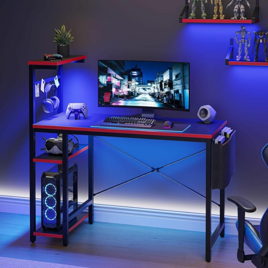 Bestier | Bestier Computer Desk With Shelves,Storage,And Led Lighting,44 Inch Small Gaming Corner Desk For Studying Writing With Side Pocket Storage Bag & Accessories Hanger (Black Grained)