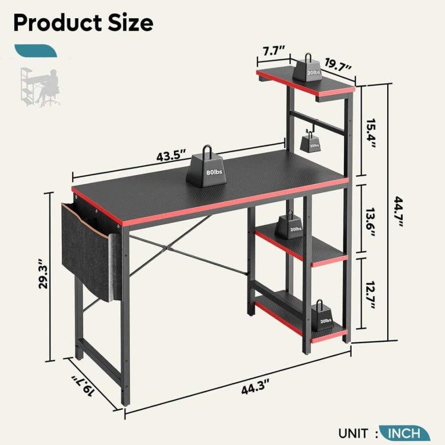 Bestier | Bestier Computer Desk With Shelves,Storage,And Led Lighting,44 Inch Small Gaming Corner Desk For Studying Writing With Side Pocket Storage Bag & Accessories Hanger (Black Grained)