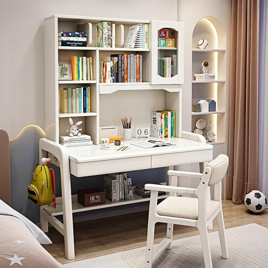 SAZDFY | Solid Wood Chi-*Ld*Ren Study Desk,Height Adjustable Writing Desk With Hutch And Storage Drawer,Student'S Desk K*Ids Computer Workstation For Home School Use(100X60X189Cm(39X24X74In), White)