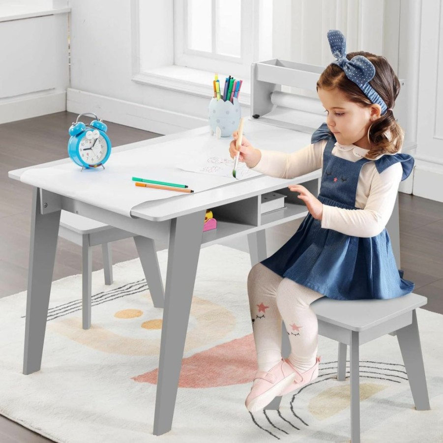 wanan | Kids Art Table, 2-In-1 Kids Craft Table And Art Table And Chairs Set With 2 Stools And 3 Storage Drawers, Wooden Drawing And Painting Art Easel Set, Kids Toddler Activity Table (White)