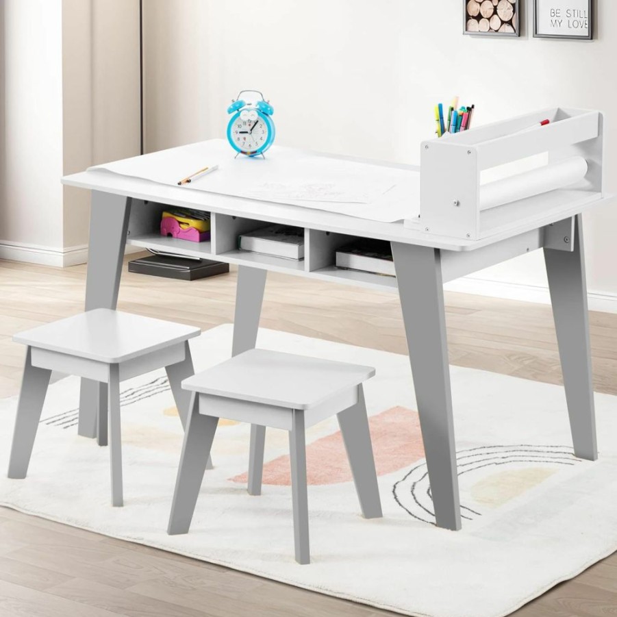 wanan | Kids Art Table, 2-In-1 Kids Craft Table And Art Table And Chairs Set With 2 Stools And 3 Storage Drawers, Wooden Drawing And Painting Art Easel Set, Kids Toddler Activity Table (White)