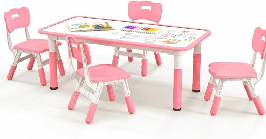 Costzon | Costzon Kids Table And 4 Chair Set, Height Adjustable Toddler Desk And Chairs With Graffiti Desktop, Non-Slip Legs, Children Art Study Multi-Activity Table Set For Home, Daycare, School (Natural)