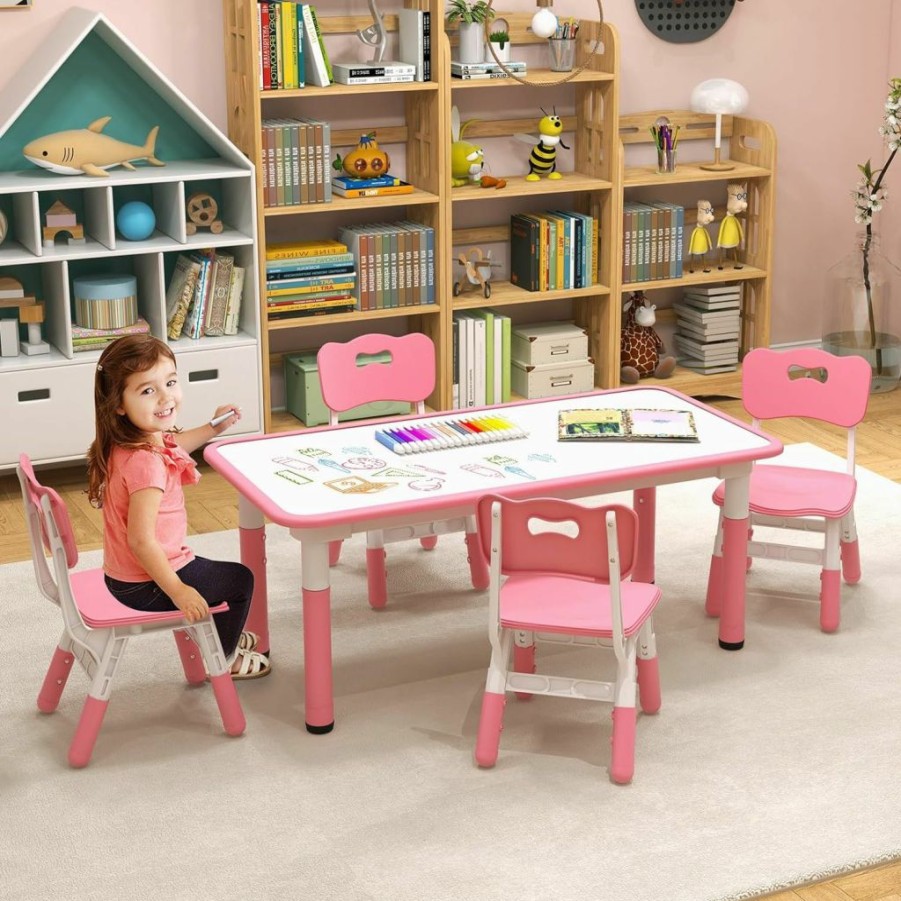 Costzon | Costzon Kids Table And 4 Chair Set, Height Adjustable Toddler Desk And Chairs With Graffiti Desktop, Non-Slip Legs, Children Art Study Multi-Activity Table Set For Home, Daycare, School (Natural)