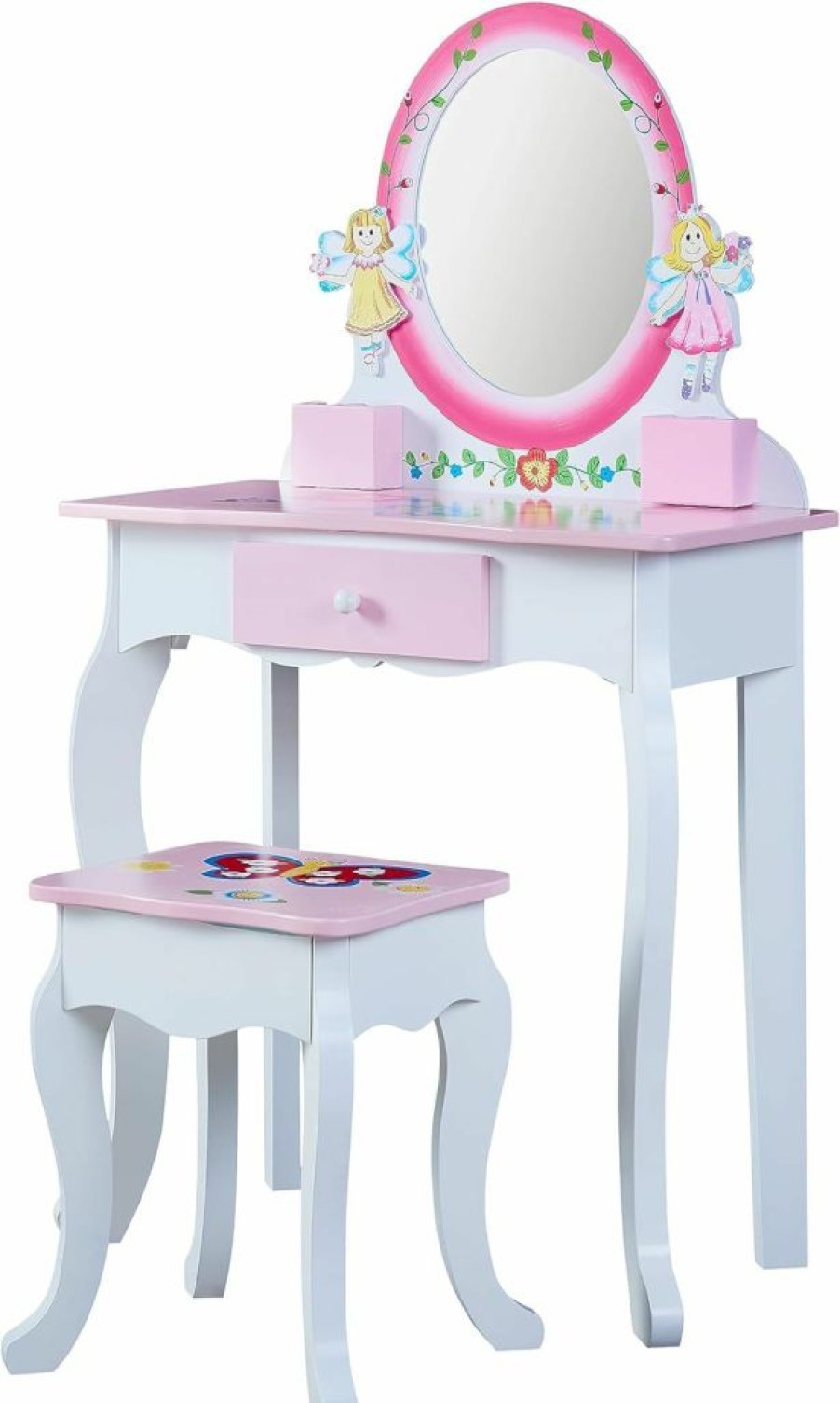 lukazoo | Lukazoo Kids Vanity Set With Mirror And Stool, Beauty Makeup Vanity Table And Chair Set For Toddlers And Kids, Wooden Princess Makeup Dressing Table