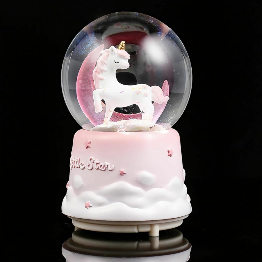 IUXROBU | Mermaid Snow Globe Rotating Music Box With Twinkle Lights Birthday Gift For Kids Crystal Ball Home Decor For Desktop Bookshelf Floating Tabletop Ornaments (I-Pink)