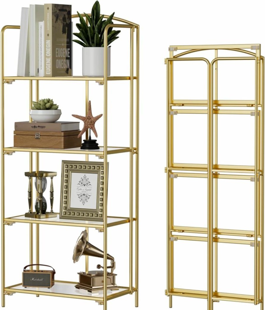 Crofy | Crofy No Assembly Folding Bookshelf, 2 Tier Gold Bookshelf, Metal Book Shelf For Storage, Folding Bookcase For Office Organization And Storage, 12.6\" D X 22.44\" W X 28.74\" H