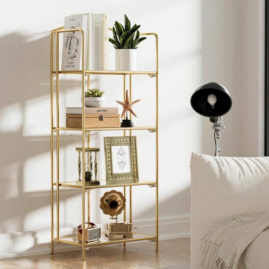 Crofy | Crofy No Assembly Folding Bookshelf, 2 Tier Gold Bookshelf, Metal Book Shelf For Storage, Folding Bookcase For Office Organization And Storage, 12.6\" D X 22.44\" W X 28.74\" H