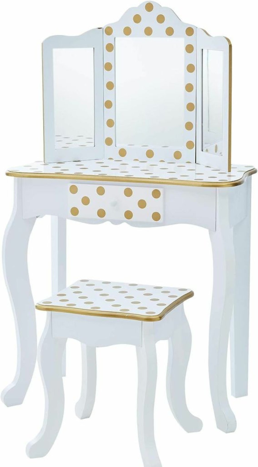 Teamson Kids | Teamson Kids Pretend Play Kids Vanity, Table & Chair Vanity Set With Mirror, Girls Makeup Dressing Table With Storage Drawer & Polka Dot Print, Gisele Collection, Pink/Gold