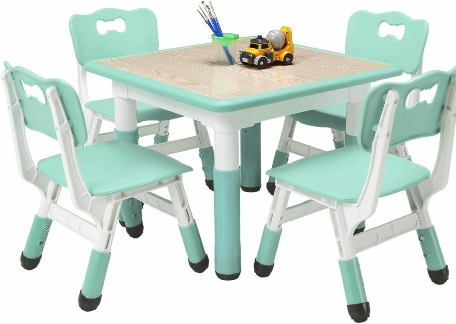 EastVita | Eastvita Kids Table And Chairs Set With 4 Seats, Adjustable Height Desk With Non-Slip Legs, Graffiti Table Top, For Ages 2-10, Multi-Activity Table For Classrooms, Daycares, Home Blue One Size