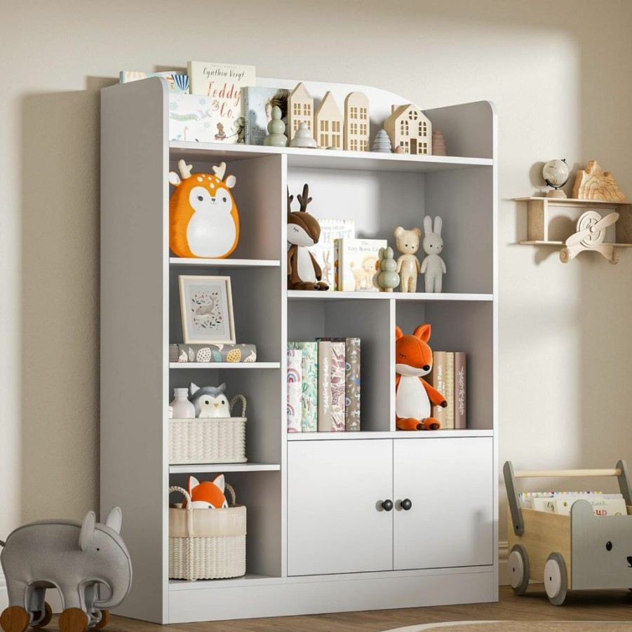 DIYART | Diyart White Kids Bookshelf, Kids Bookcase With 7 Cubbies And 2 Cabinets, Freestanding Book Storage Shelves For Bedroom, Playroom, Hallway