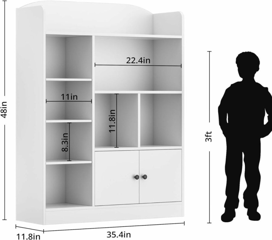 DIYART | Diyart White Kids Bookshelf, Kids Bookcase With 7 Cubbies And 2 Cabinets, Freestanding Book Storage Shelves For Bedroom, Playroom, Hallway