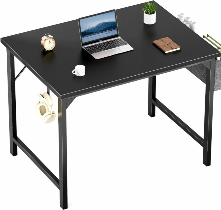 OLIXIS | Olixis Small Computer Desk Home Office Work Study Writing Student Kids Bedroom Wood Modern Simple Table With Storage Bag & Headphone Hooks, 32 Inches, Black