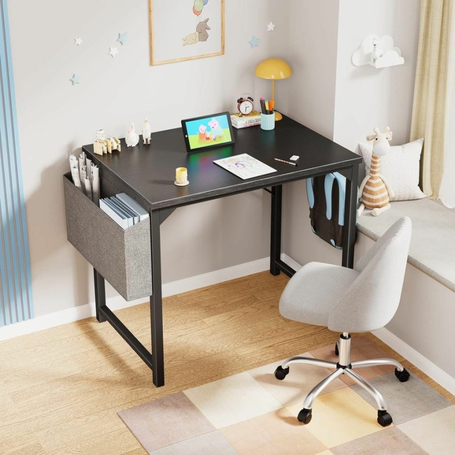 OLIXIS | Olixis Small Computer Desk Home Office Work Study Writing Student Kids Bedroom Wood Modern Simple Table With Storage Bag & Headphone Hooks, 32 Inches, Black