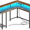 SUPERJARE | Superjare L Shaped Computer Desk With Power Outlets & Led Lights, Gaming Desk With Monitor Stand & Storage Shelf, Home Office Desk Corner Desk With Hooks, Rustic Brown