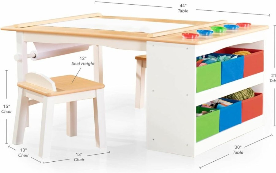 Guidecraft | Guidecraft Arts And Crafts Center: Kids Activity Table And Drawing Desk With Stools, Storage Canvas Bins, Paper Roller, And Paint Cups | Toddlers Work Station - Children'S Wooden Learning Furniture