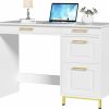 HOMBCK | Hombck White Desk With Drawers, White And Gold Desk With Drawers, Home Office Desk Small Computer Desk For Bedroom, Writing Desk With 4 Drawers & Spacious Desktop, White/Gold