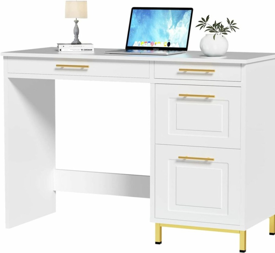 HOMBCK | Hombck White Desk With Drawers, White And Gold Desk With Drawers, Home Office Desk Small Computer Desk For Bedroom, Writing Desk With 4 Drawers & Spacious Desktop, White/Gold