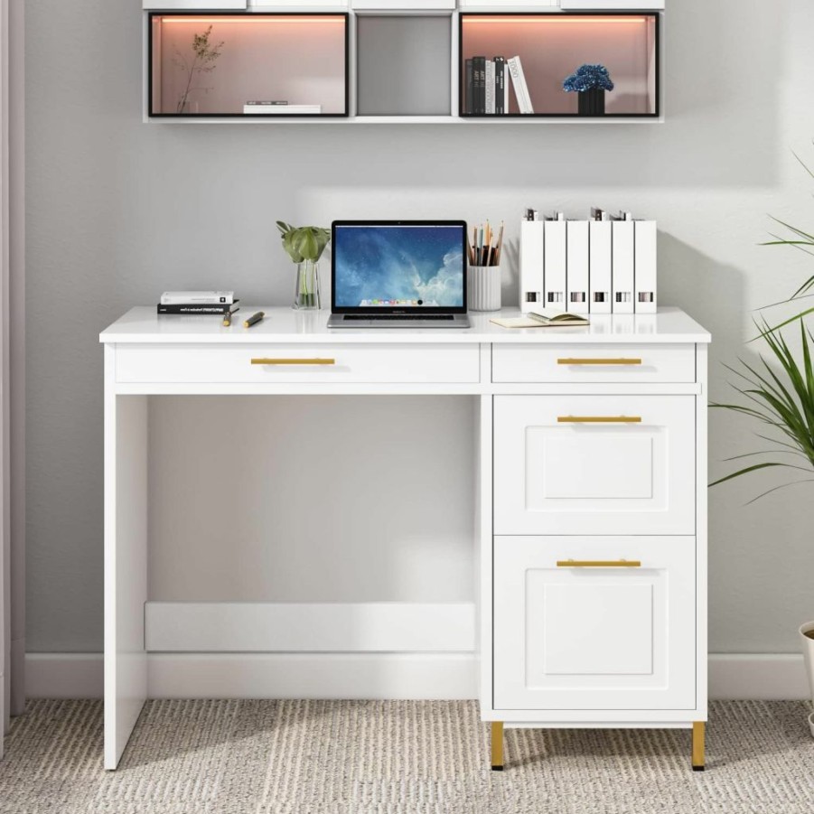 HOMBCK | Hombck White Desk With Drawers, White And Gold Desk With Drawers, Home Office Desk Small Computer Desk For Bedroom, Writing Desk With 4 Drawers & Spacious Desktop, White/Gold