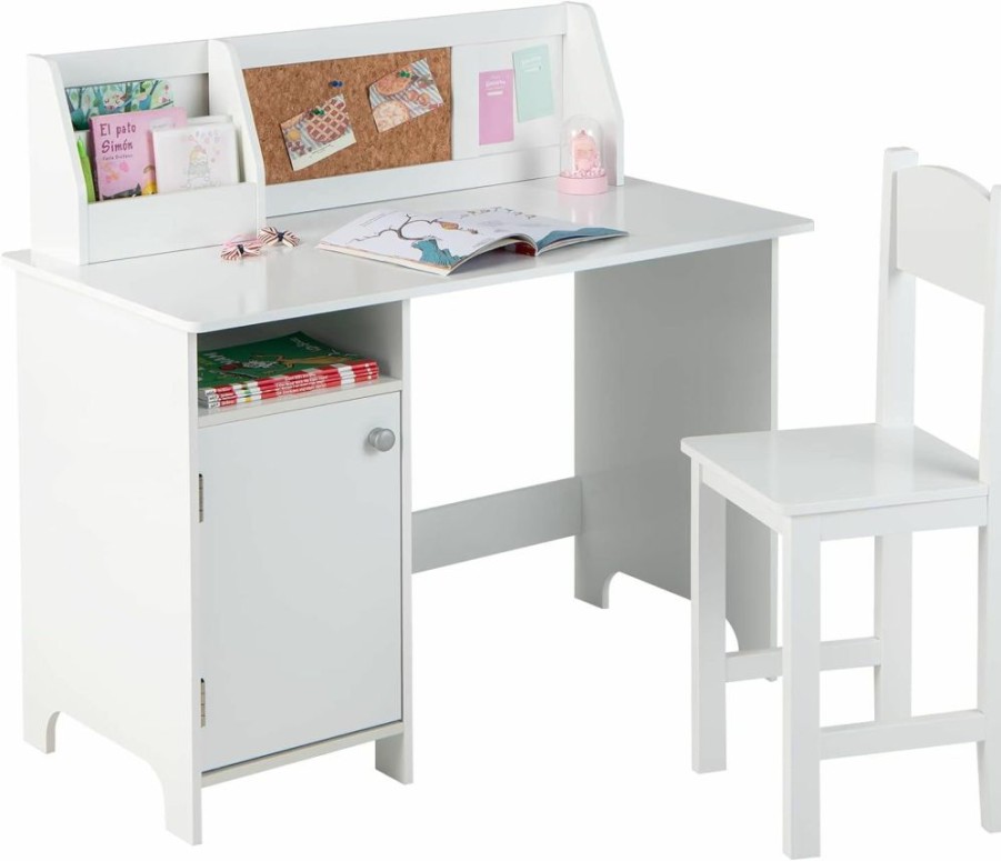 Costzon | Costzon Kids Desk And Chair Set, Wooden Children Study Table With Hutch, Cabinet, Bulletin Board, Student Computer Workstation Writing Table For Bedroom, Study Room, Gift For Boys Girls 3+ (White)